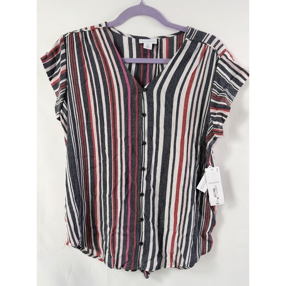 Liz Claiborne Women's M Cap Sleeve Blouse Size V-Neck Button Front Stripe NWT